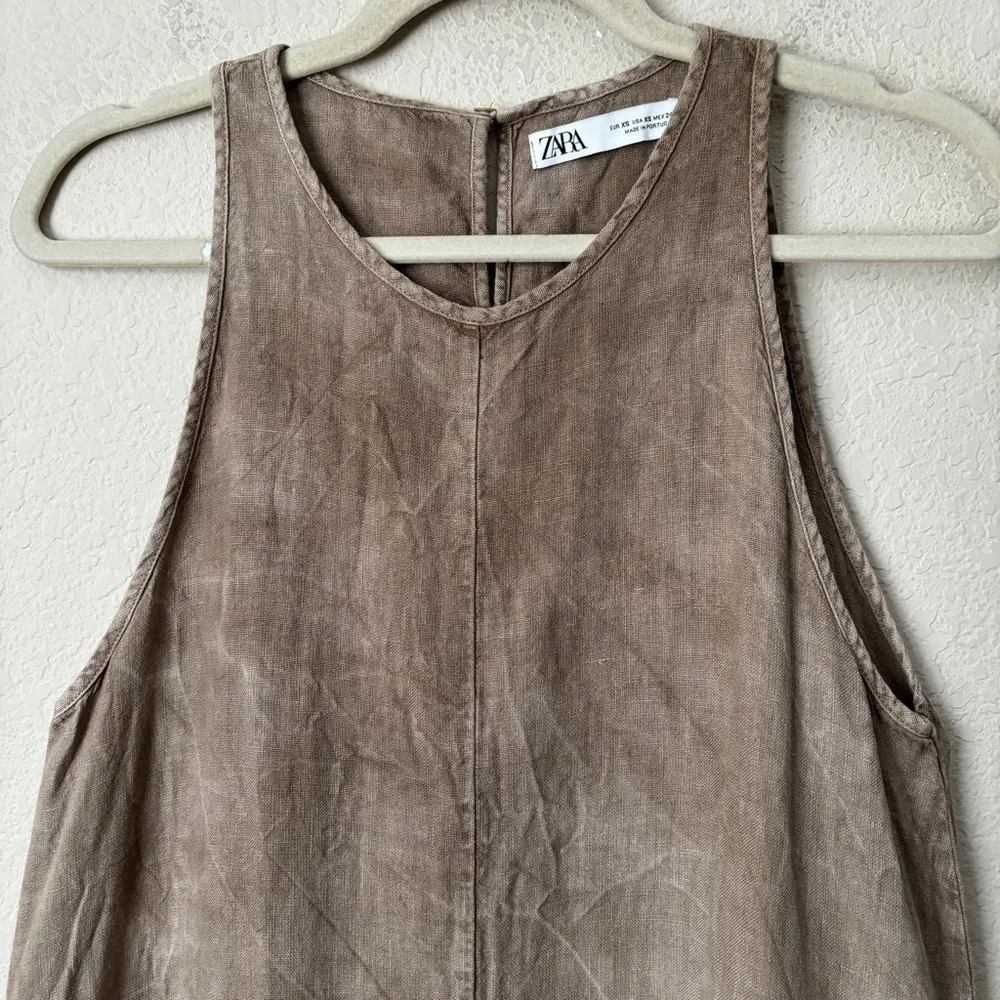 Zara Linen Crinkled Sleeveless Relaxed Mini Dress Boho Neutral Beachy Lagenlook - Picture 4 of 12